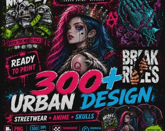 300+ Urban Streetwear PNG Bundle, Anime, Skulls, Graffiti Art (Digital Download)