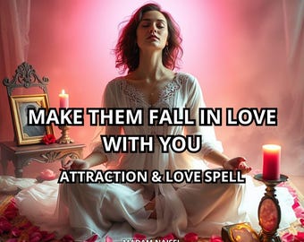 May include: A woman in a white dress meditates with eyes closed, surrounded by candles and rose petals. Text reads "MAKE THEM FALL IN LOVE WITH YOU" and "ATTRACTION & LOVE SPELL". The image has a soft, pink background.