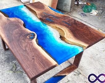Personalized Wooden Blue Ocean Live Edge Resin Table, Epoxy Resin Table, Custom Dining Table, Dining Room Table