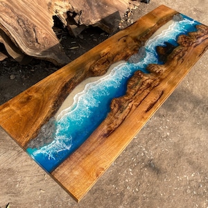 Customized Handmade Dark Wooden Epoxy Resin Table, Custom Blue Ocean Epoxy Resin Table, Live Edge Resin Table, Dining Room Table