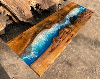 Customized Handmade Dark Wooden Epoxy Resin Table, Custom Blue Ocean Epoxy Resin Table, Live Edge Resin Table, Dining Room Table