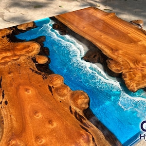 Personalized Mappa Wooden Blue Ocean Epoxy Resin Table, Custom Dining Table, Live Edge Resin Table, Dining