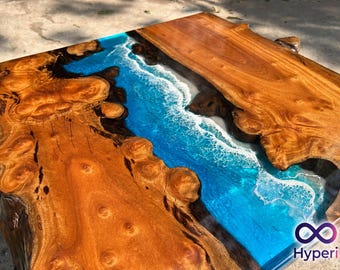 Personalized Mappa Wooden Blue Ocean Epoxy Resin Table, Custom Dining Table, Live Edge Resin Table, Dining