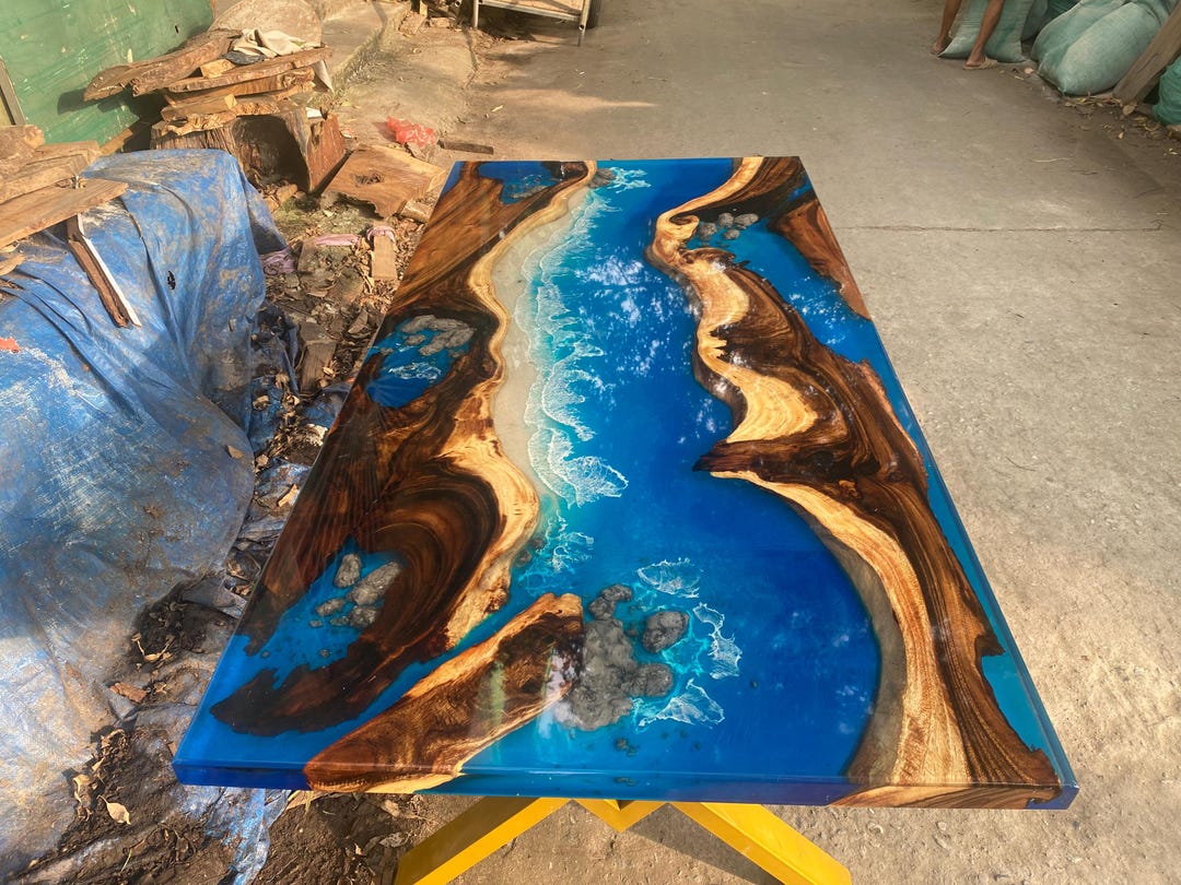 Personalized Blue Ocean Epoxy Resin Table: Handmade Live Edge Dining ...