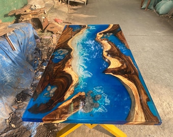 Personalized Handmade Wooden Epoxy Resin Table, Custom Blue Ocean Epoxy Resin Table, Live Edge Resin Table, Dining Room Table