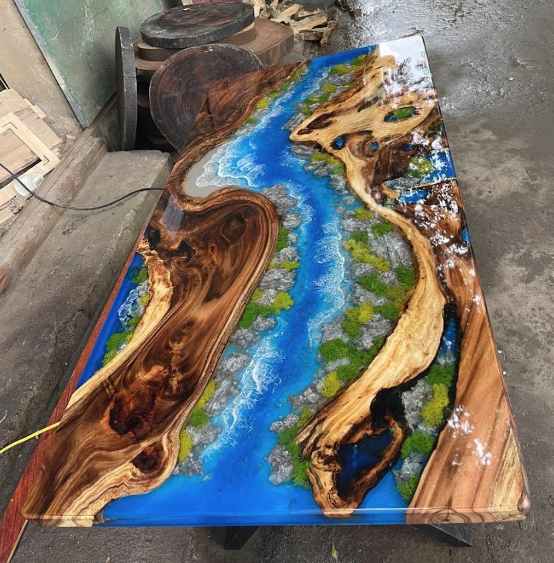 Personalized Blue Ocean Resin Table With Moss – Live Edge Wood Epoxy ...