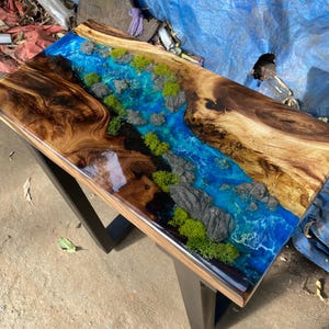 Custom Wooden Blue Ocean Epoxy Side Table, Live Edge Resin Coffee Table, Couch Table, Modern Home Decor
