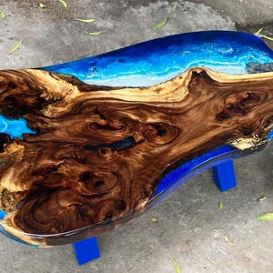 Custom Wooden Blue Ocean Epoxy Side Table, Live Edge Resin Coffee Table, Couch Table, Modern Home Decor