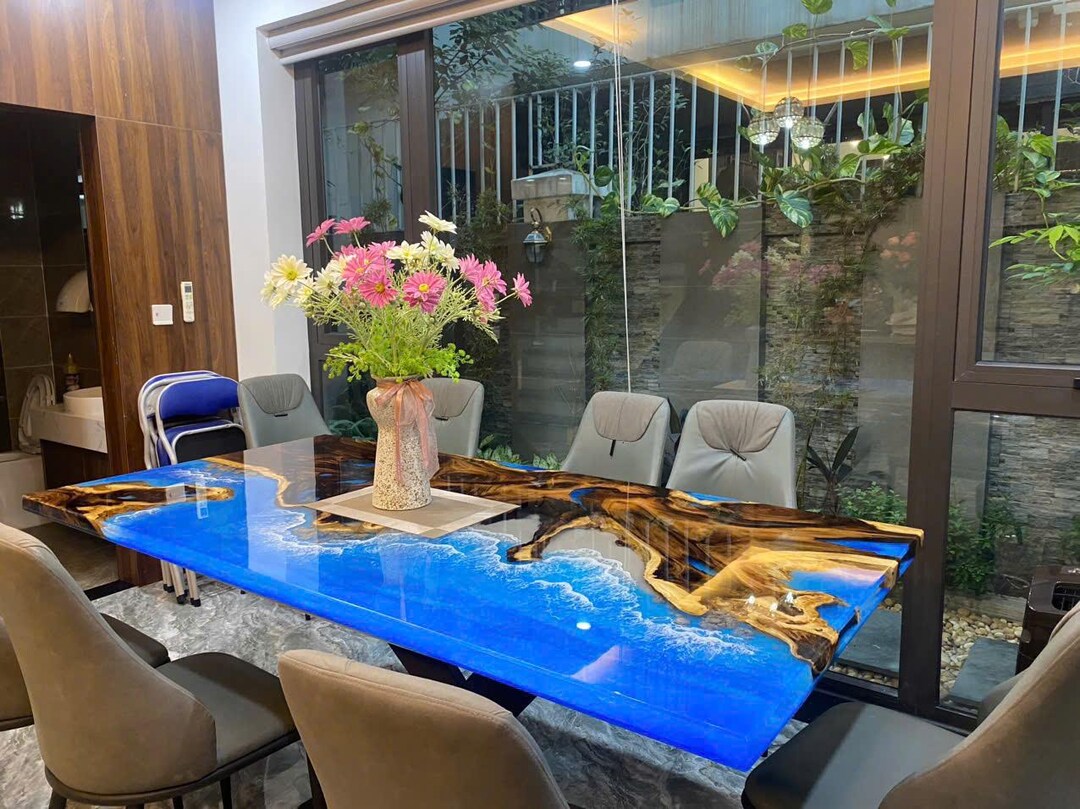 Personalized Ocean Blue Epoxy Resin Table: Custom Live Edge Dining ...