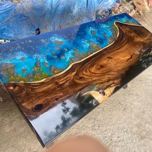 Custom Handmade Dark Wooden Epoxy Resin Table, Custom Blue Ocean Epoxy Resin Table, Live Edge Resin Table, Dining Room Table