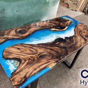 Personalized Live Edge Resin Table, Wooden Blue Ocean Epoxy Resin Table, Custom Dining Table, Dining Room Table