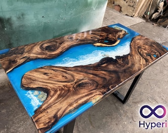 Personalized Live Edge Resin Table, Wooden Blue Ocean Epoxy Resin Table, Custom Dining Table, Dining Room Table