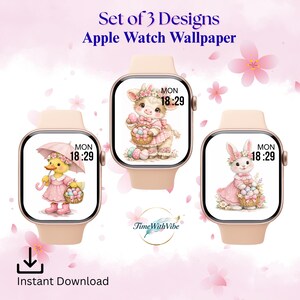 Zestaw tapet wielkanocnych ze zwierzętami na Apple Watch – Królik, Krowa, Kaczka (3 wzory) do pobrania w wersji cyfrowej