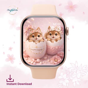 May include: A blush-colored smartwatch with a screen displaying two cartoon chipmunks emerging from Easter eggs. The eggs are decorated with floral accents and the words "Happy Easter". The watch band is a matching blush color.