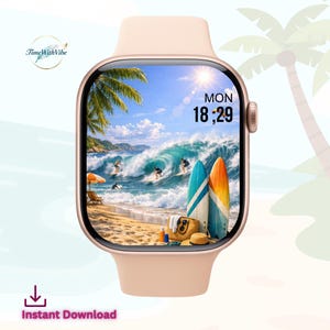 May include: A pale pink smartwatch featuring a beach scene on its display. The screen shows surfers, waves, and surfboards. The time is displayed as 18:29. The watch has a digital download icon.