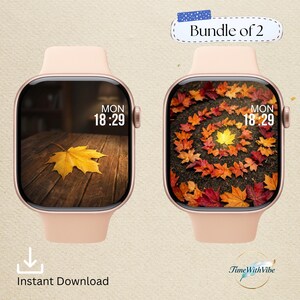 May include: Two smartwatches with light pink bands and rectangular screens. The left screen displays a single yellow leaf on a wooden surface. The right screen shows a spiral pattern of colourful autumn leaves. Text reads Bundle of 2 and Instant Download.