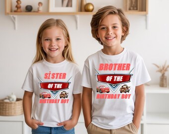 Lightning McQueen Birthday Shirt, Brother Sister Cars Theme Tee