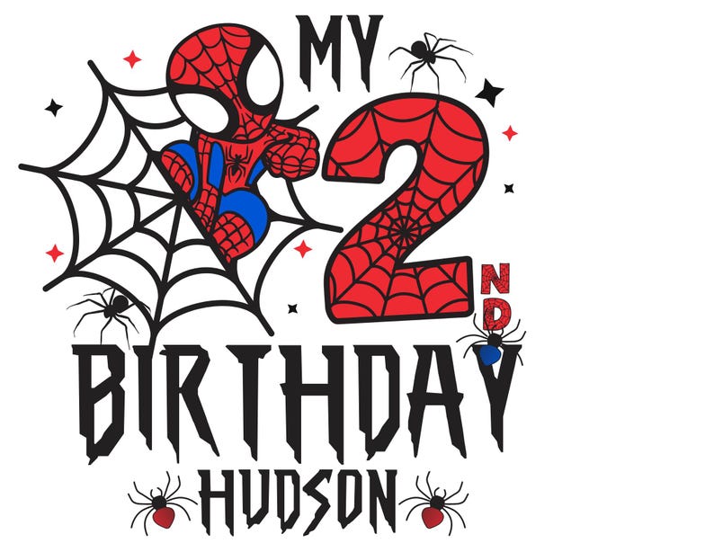 Puede incluir: Dise&ntilde;o gr&aacute;fico para un segundo cumplea&ntilde;os con un personaje de dibujos animados de Spider-Man, una telara&ntilde;a y el texto "MY 2ND BIRTHDAY HUDSON". El n&uacute;mero 2 es rojo con un dise&ntilde;o de telara&ntilde;a.