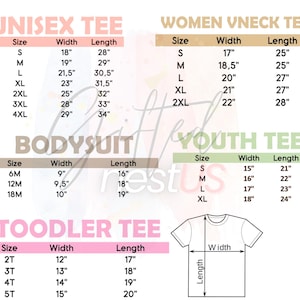 K&ouml;nnte beinhalten: Eine Gr&ouml;&szlig;entabelle f&uuml;r T-Shirts und Bodysuits, einschlie&szlig;lich Unisex-, Damen-V-Ausschnitt-, Jugend- und Kleinkind-Stilen. Die Ma&szlig;e sind in Zoll f&uuml;r Breite und L&auml;nge angegeben, mit Gr&ouml;&szlig;en von S bis 4XL.