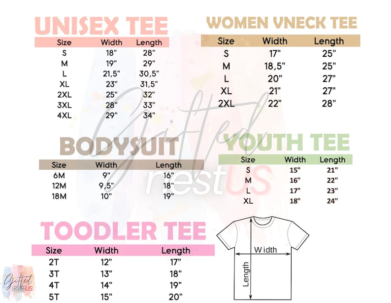 K&ouml;nnte beinhalten: Eine Gr&ouml;&szlig;entabelle f&uuml;r T-Shirts und Bodysuits, einschlie&szlig;lich Unisex-, Damen-V-Ausschnitt-, Jugend- und Kleinkind-Stilen. Die Ma&szlig;e sind in Zoll f&uuml;r Breite und L&auml;nge angegeben, mit Gr&ouml;&szlig;en von S bis 4XL.