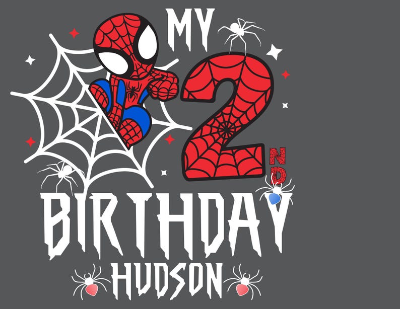Puede incluir: Gr&aacute;fico gris con un Spider-Man de dibujos animados, un n&uacute;mero 2 rojo y las palabras "MY BIRTHDAY HUDSON". El dise&ntilde;o incluye telara&ntilde;as blancas, estrellas y ara&ntilde;as. El Spider-Man es rojo y azul.