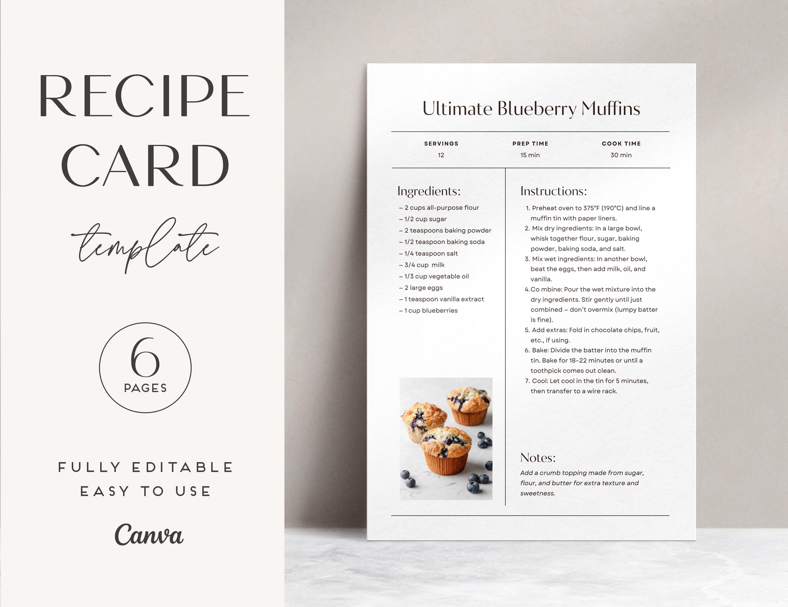 Recipe Card Template Editable Recipe Printable Cookbook Custom Recipe Family Cookbook Canva Template Recipe Binder Kitchen Organization