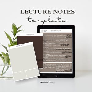 Puede incluir: Una plantilla digital de notas de clase que se muestra en una tableta e impresa en papel. La tableta muestra un esquema detallado de la clase, mientras que las versiones en papel ofrecen un diseño limpio. El texto "LECTURE NOTES template" está en la parte superior.