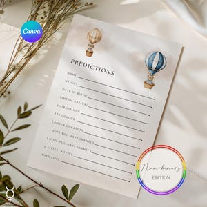 May include: A baby shower prediction game card with watercolor hot air balloons. The card includes prompts for name, weight, and other details. The design includes a rainbow circle with the text "Non-binary EDITION".