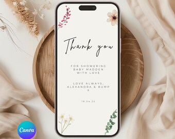 Baby Shower Phone Thank You E-card, Electronic Digital Baby Shower Thanks, Boho Baby Shower Editable E-card - iPhone Samsung and Google AC11