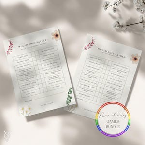 May include: Two printable baby shower games titled "Would They Rather?" with floral accents. The games feature fill-in-the-blank questions about baby care. A rainbow-colored circle with the text "Non-binary GAMES BUNDLE" is in the lower right corner.
