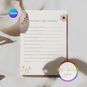 HBTQ+ Icke-binär babyshower-lek: Vem känner föräldrarna bäst? - Personligt [Namn]- eller [Namn]-spel | Redigerbar Canva-mall | AC11