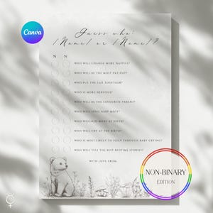 May include: A baby shower game card with the text "Guess who: /Name/ or /Name/?" and a list of questions. The card features a small illustration of a bear cub and the words "Non-Binary Edition" in a rainbow circle.