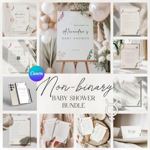 May include: A collection of baby shower stationery and decor, including invitations, games, and a welcome sign. The theme is non-binary, with floral accents and a neutral color palette. The sign reads "Welcome to Alexandra's Baby Shower."