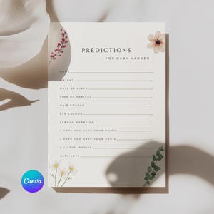 Könnte beinhalten: Eine Babyparty-Vorhersagekarte mit dem Text "Vorhersagen für Baby Madden". Die Karte hat Zeilen für Name, Gewicht, Geburtsdatum und andere Details. Blumenakzente und das Canva-Logo sind sichtbar.