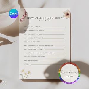 May include: A printable game card with the text "How Well Do You Know (Name)?" and fill-in-the-blank questions. The card has floral accents and a rainbow-colored "Non-binary Edition" circle.