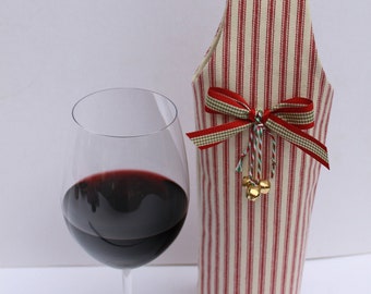 SALE Ticking Stripe Red and White Wine Bag Gift Tote Bag Handmade in USA