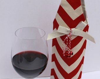 SALE Red & White Chevron Wine Bag Gift Tote Bag Handmade in