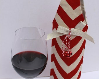 SALE Red & White Chevron Wine Bag Gift Tote Bag Handmade in USA