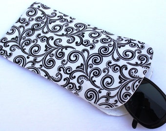 SALE Sunglasses case, soft eyeglass case, soft sunglass case, black & white swirly case, eyeglasses case, fabric sunglass case