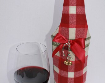 SALE Plaid Red White and Green Wine Bag Gift Tote Handmade in USA