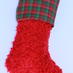 SALE  Christmas Stocking Fluffy Red Sherpa with Red and Green Tartan Plaid Cuff