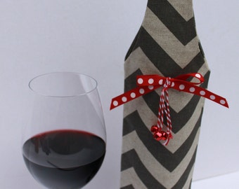 SALE Chevron Gray and White Wine Bag Gift Tote Handmade in USA