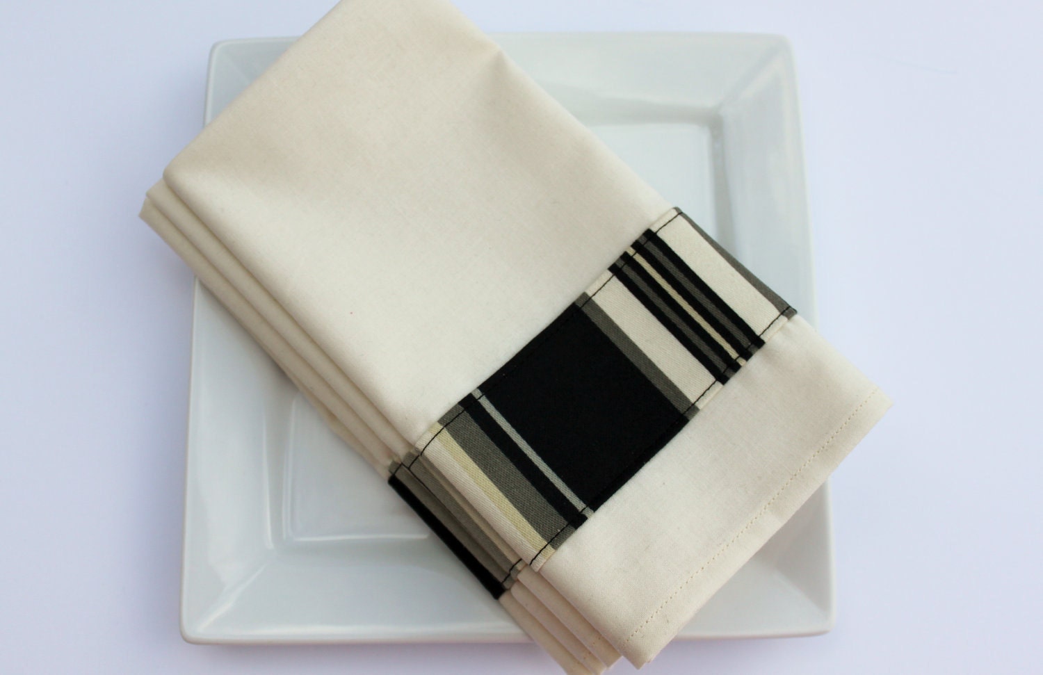 SALE Cloth Napkins 100 Cotton 17 X 17 Elegant Black and White Striped Banding on Ivory Napkin