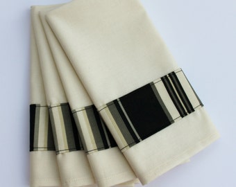 SALE Cloth Napkins - 100% Cotton -17 x 17 Elegant Black and White Striped Banding on Ivory Napkin - Set of 4