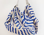 Stripe furoshiki bag (navy) & Leather carry strap set