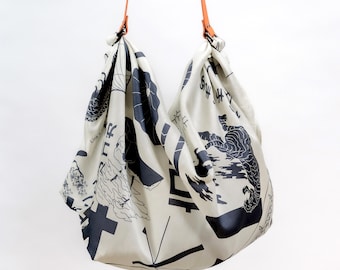 Conjunto de furoshiki azul medianoche y correa de cuero de Tokyo Manga / Algodón ligero para un transporte ligero