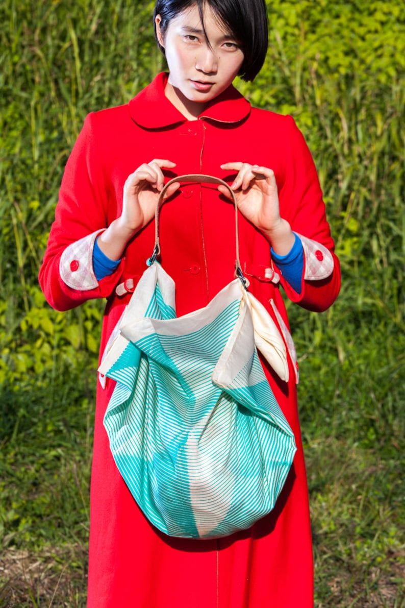 Folded paper furoshiki bag emerald green & Leather Carry Strap Set image 2