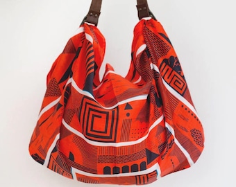 Maze furoshiki bag Cinnabar & Leather carry strap set