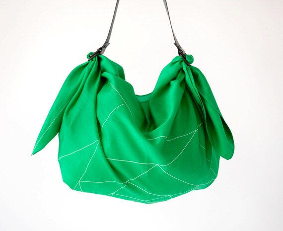 Triangles furoshiki bag & Black leather carry strap set | Etsy