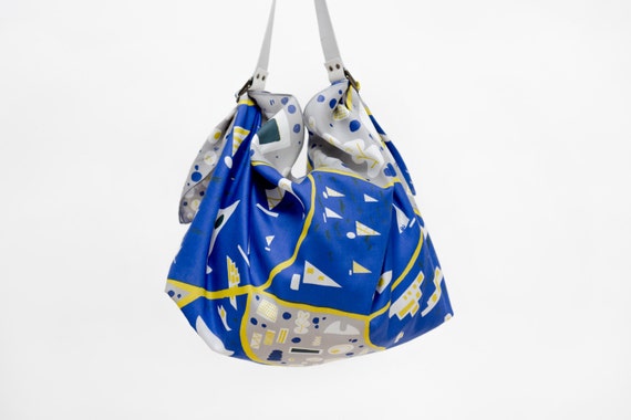Stockholm Blue Furoshiki & White Leather Carry Strap Set | Etsy